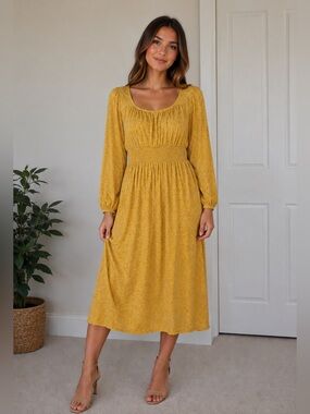 Kancy Kole Mustard Yellow Midi Dress Women’s Large Smocked Waist Long Sleeve